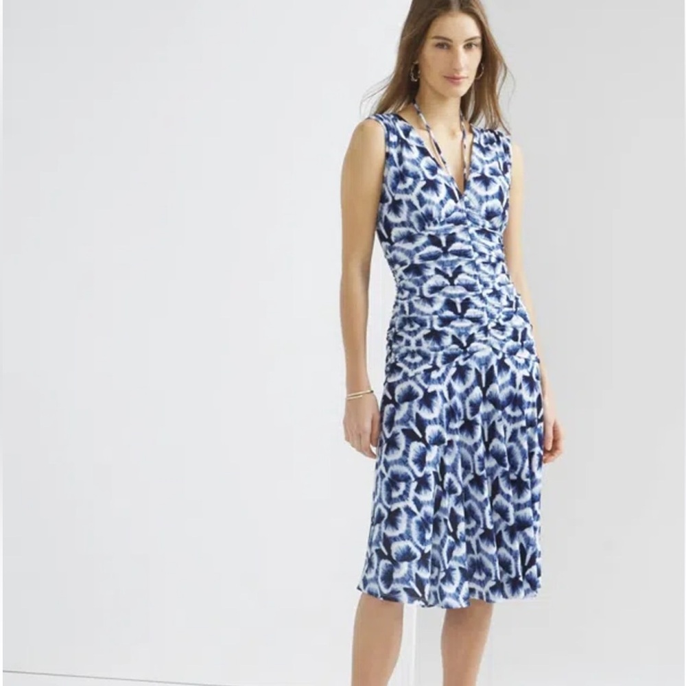 White House Black Market Blue Patterned Ruched Midi Dress